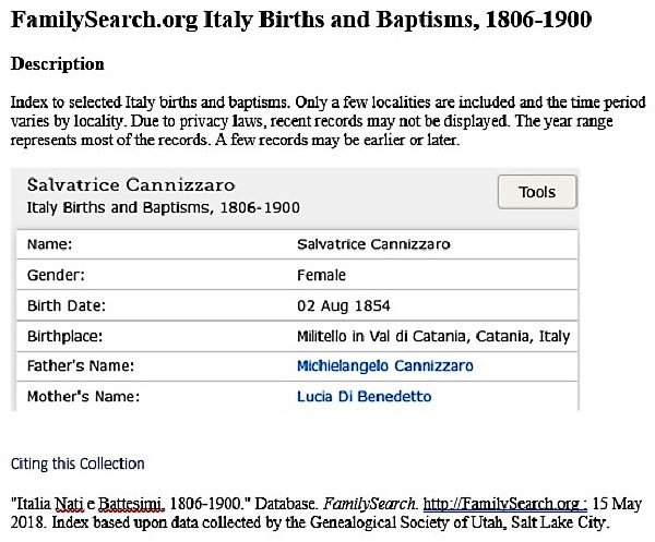 Salvatrice Cannizzaro Birth Extract