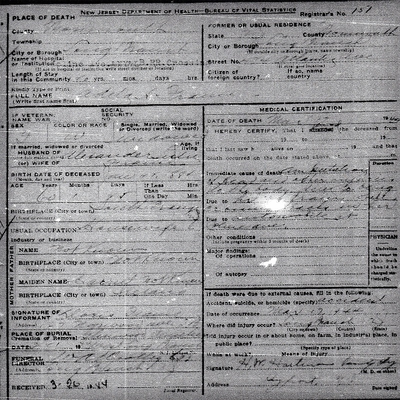 Adela Albeck Frame Death Certificate