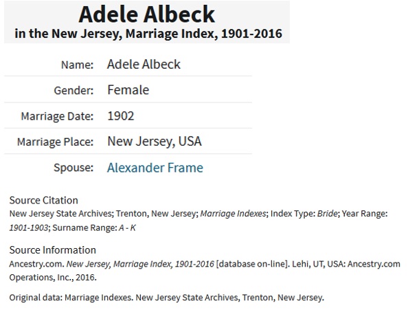 Alexander Frame Marriage to Adele Albeck