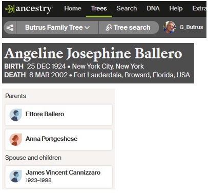 Angelina Ballero Cannizzaro Birth and Death Record