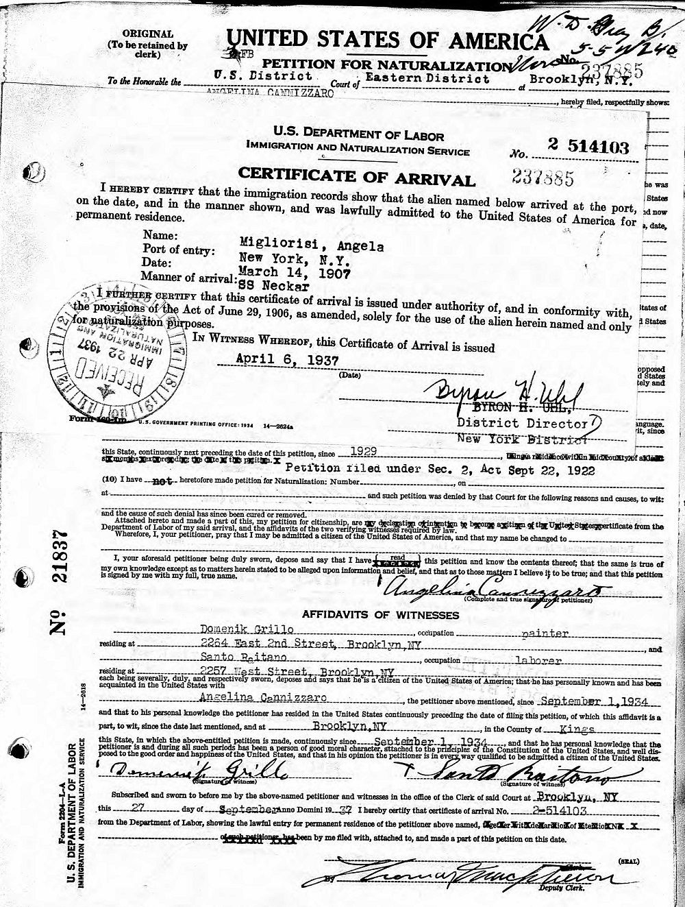 Angelina Migliorisi Cannizzaro Naturalization Record