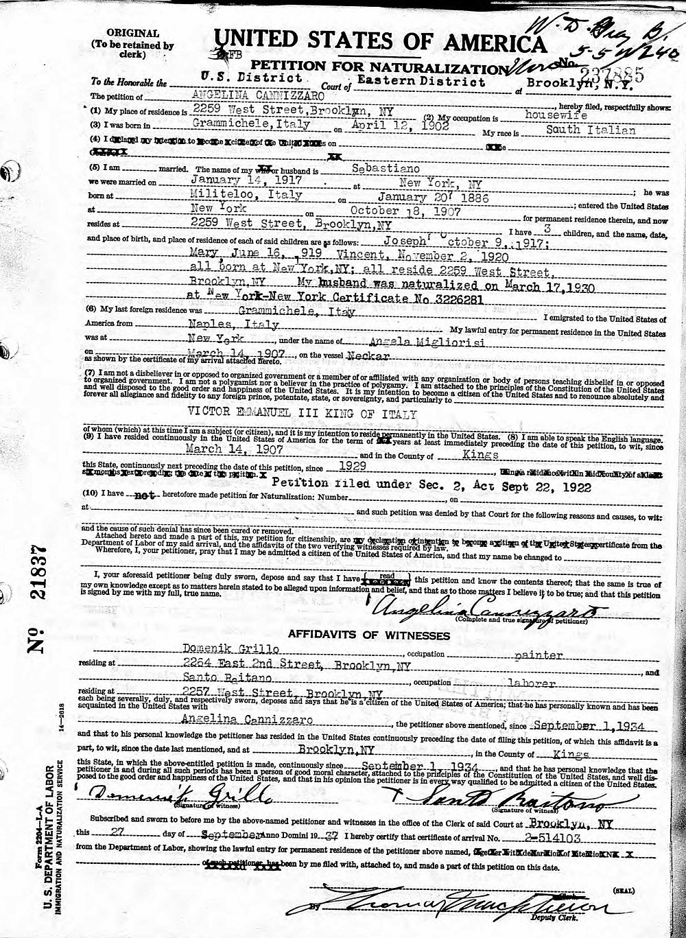 Angelina Migliorisi Cannizzaro Naturalization Record