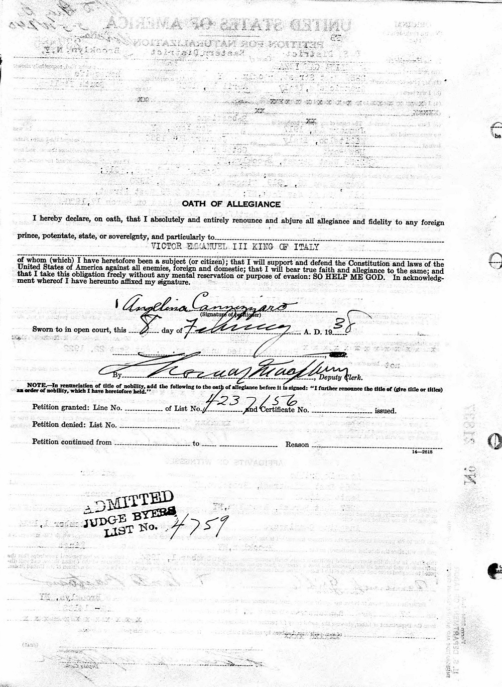 Angelina Migliorisi Cannizzaro Naturalization Record