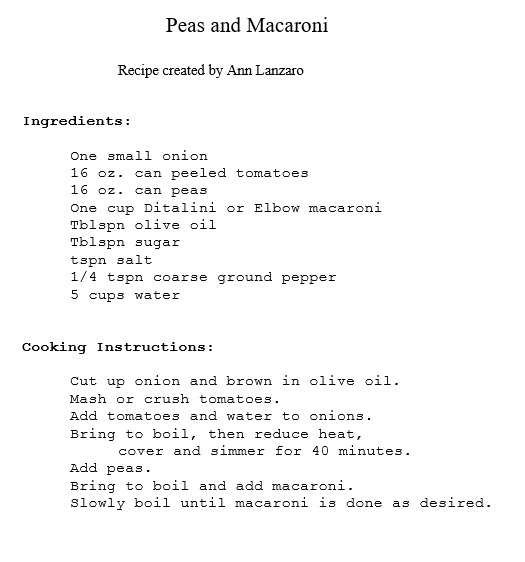 ANN'S PEAS AND MACARONI RECIPE