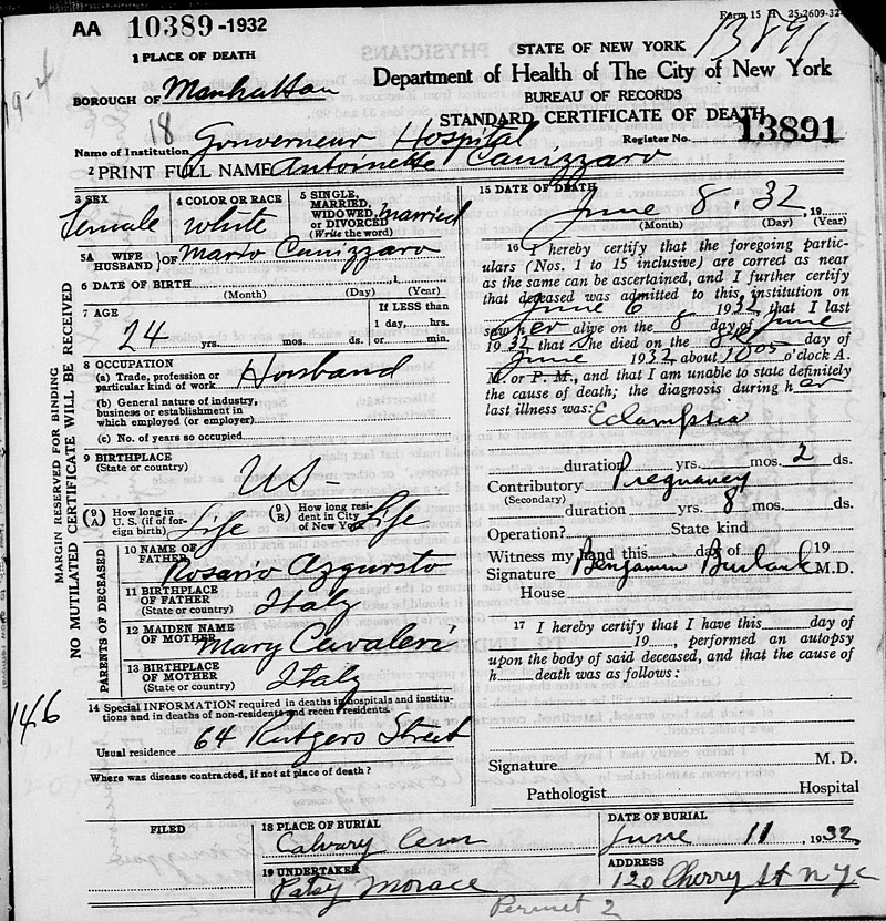 Antoinette Acquista Cannizzaro Death Certificate