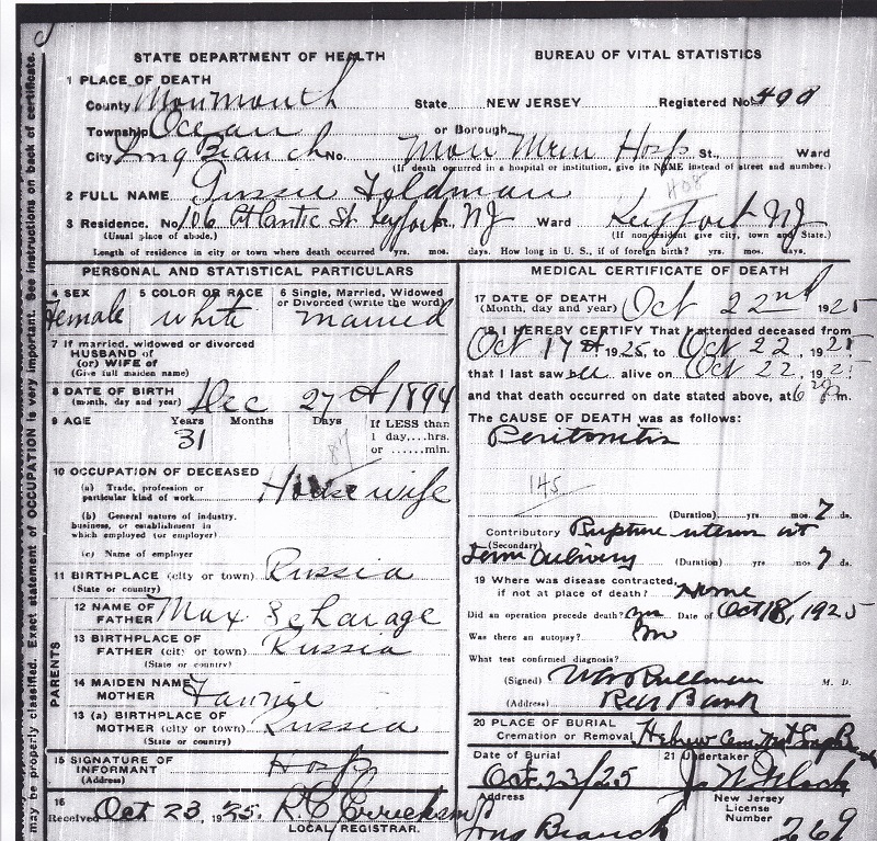 Augusta Schrager Feldman Death Certificate