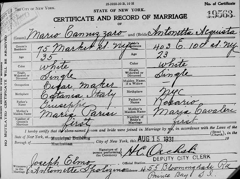 Mario Cannizzaro and Antoinette Acquista Marriage Certificate