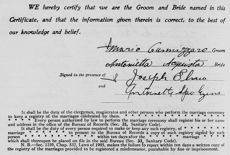 Mario Cannizzaro and Antoinette Acquista Marriage Certificate