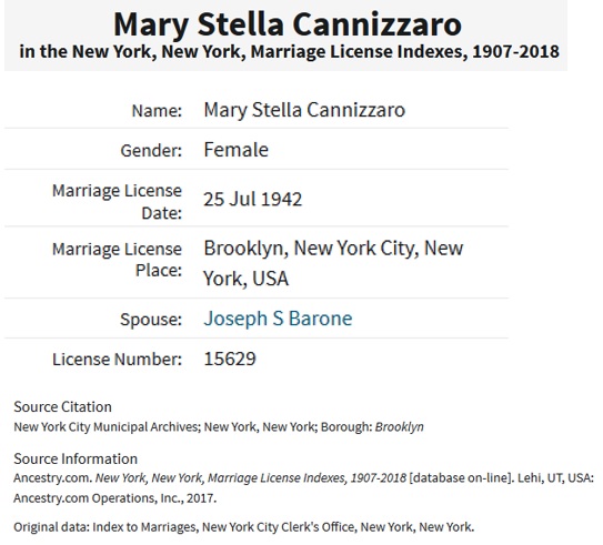 Maria Stella Cannizzaro and Joseph Barone Marriage