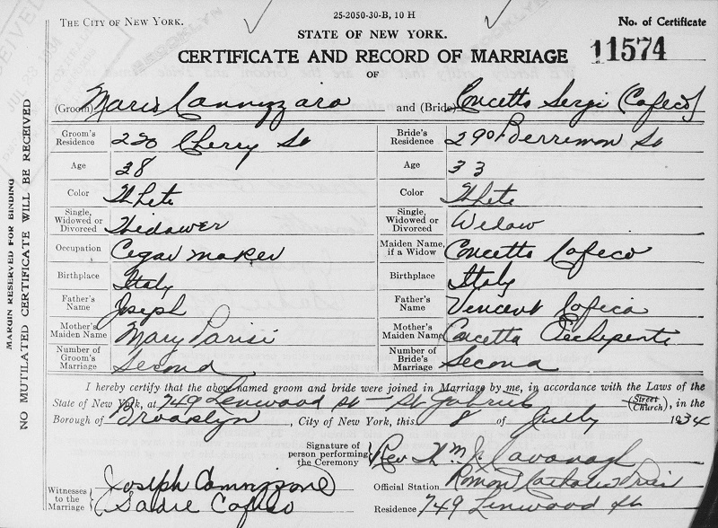 Mario Cannizzaro and Concetta Cafiso Marriage Certificate