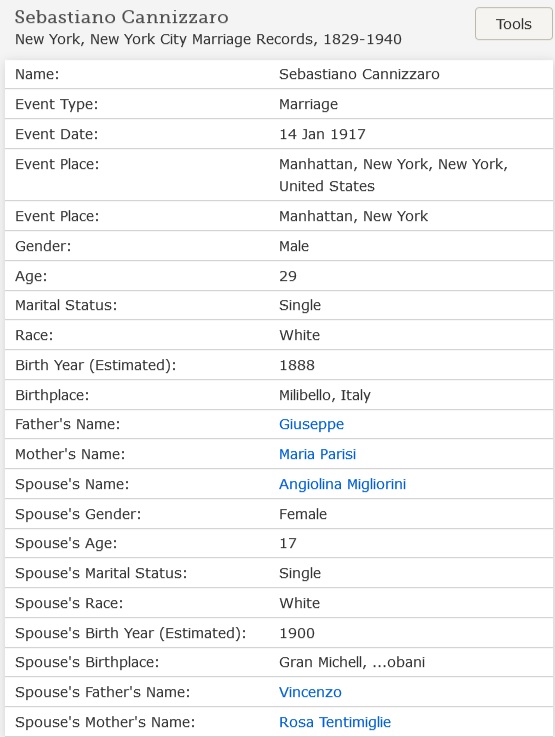 Sebastiano Cannizzaro and Angelina Migliorisi Marriage Index