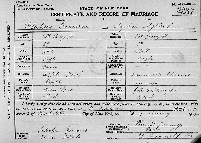 Sebastiano Cannizzaro and Angelina Migliorisi Marriage Certificate