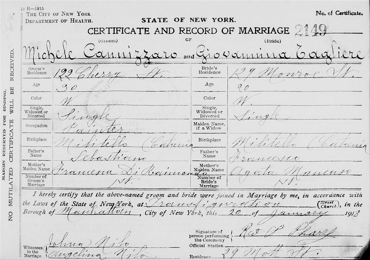 Michele Cannizzaro and Giovaninna Taglieri Marriage Certificate