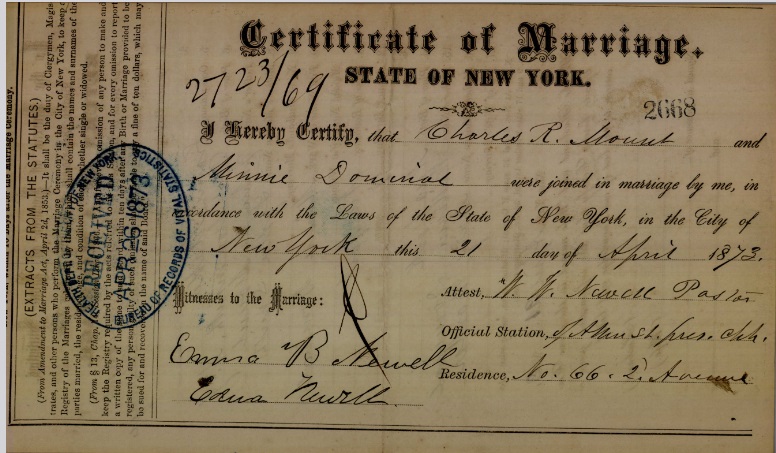 Charles Mount and Wilhelmina Doninal Marriage Certificate