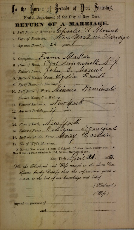 Charles Mount and Wilhelmina Doninal Marriage Certificate