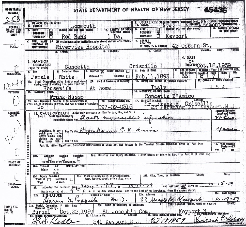 Concetta Russo Criscillo Death Certificate