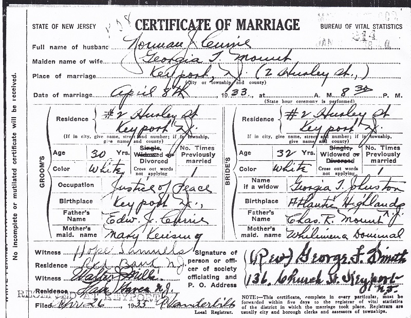 Norman Currie and Georgia Mount Marriage Certificate