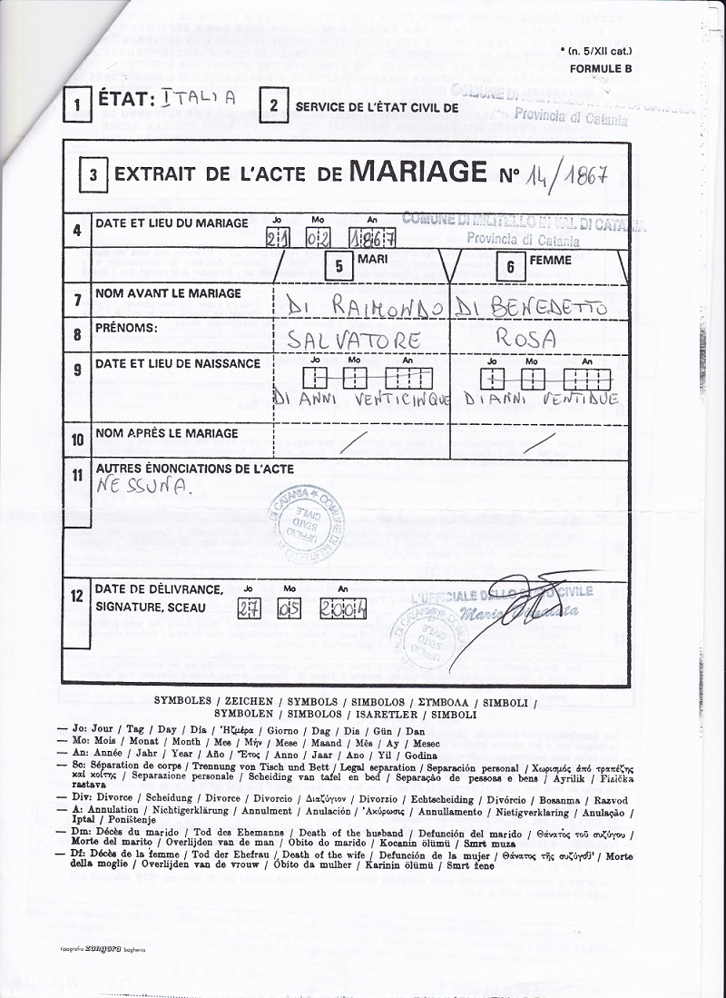 Salvatore DiRaimondo and Rosa DiBenedetto Marriage Extract