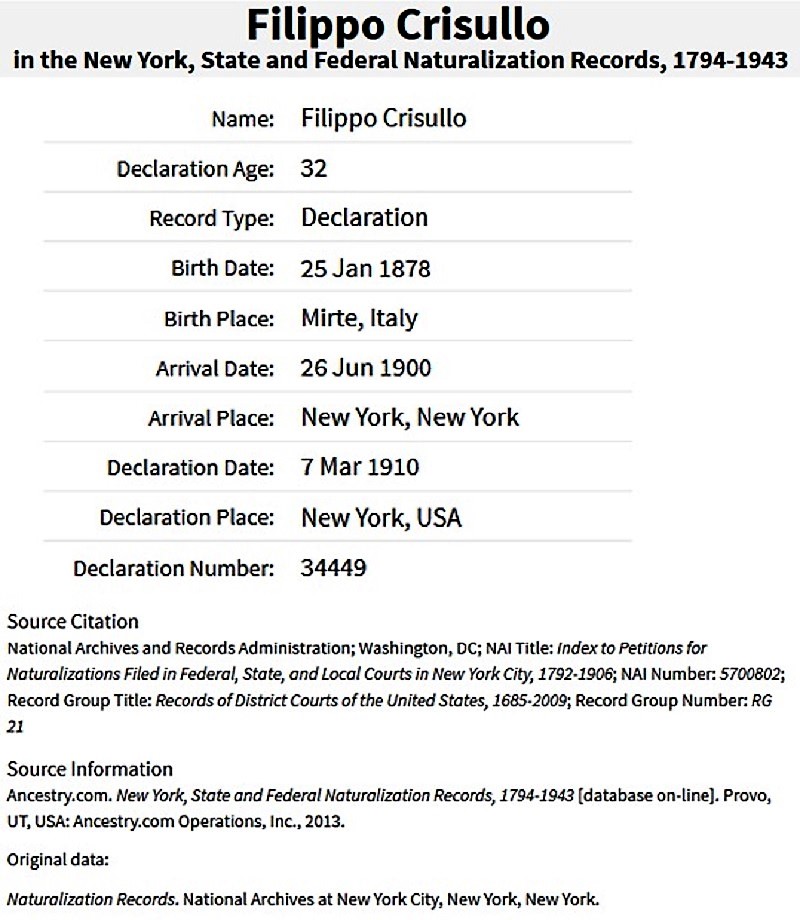 Filippo Criscillo Immigration Record