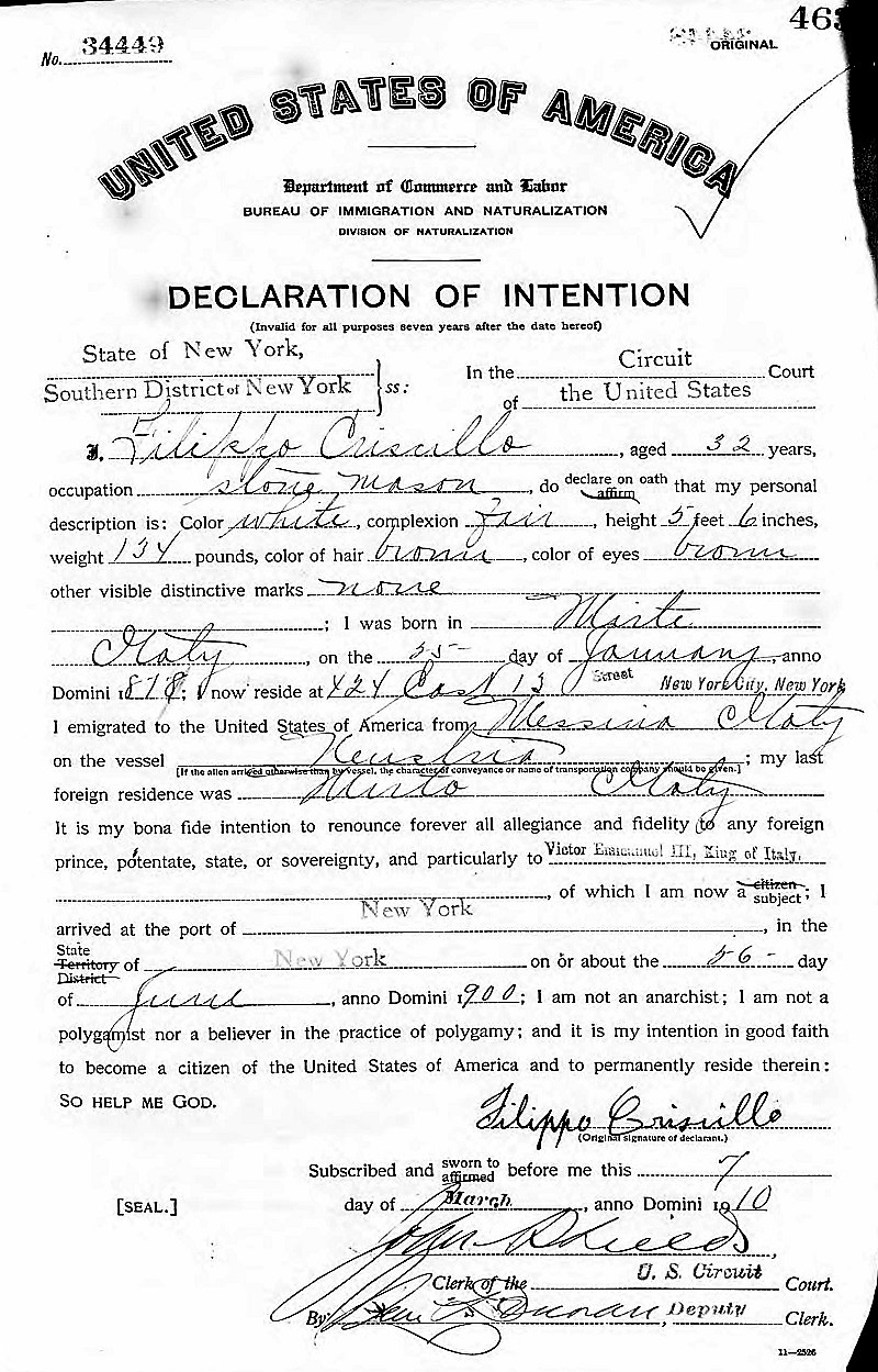 Filippo Criscillo Immigration Record