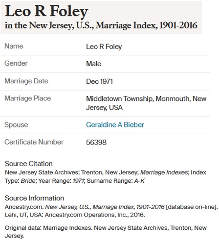 Leo R. Foley and Geraldine Bieber Marriage