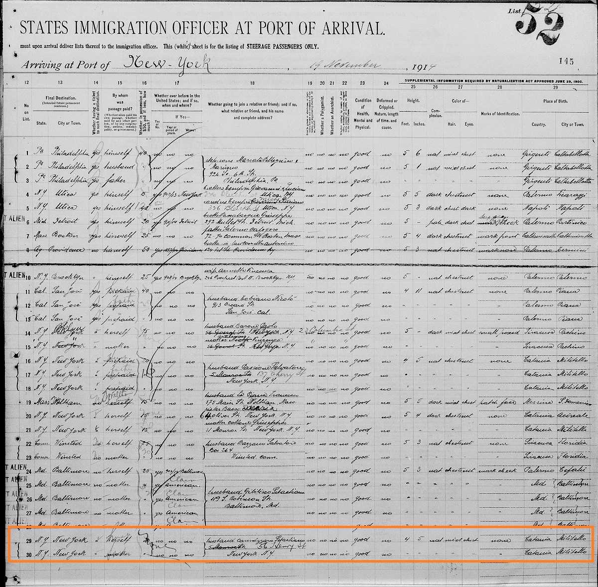 Francesca and Giovanni Cannizzaro Immigration Records