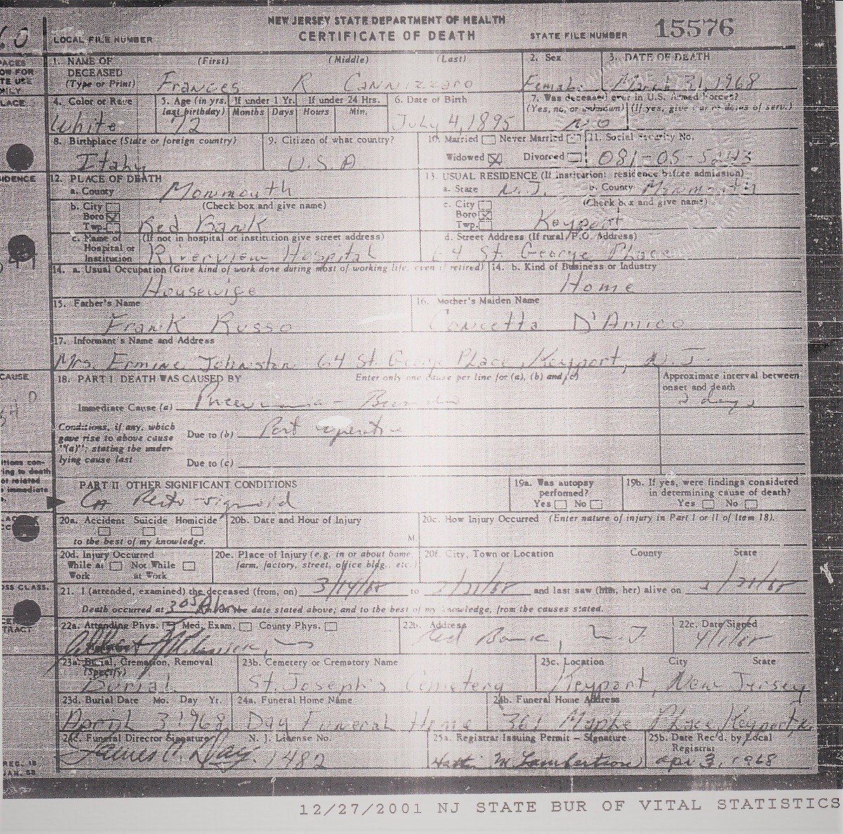 Frances Russo Cannizzaro Death Certificate