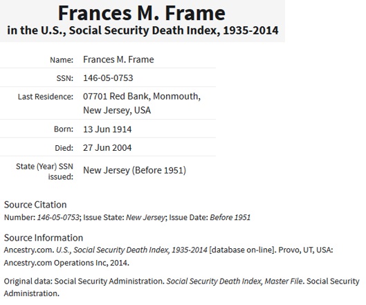 Frances Cannizzaro Frame SSDI