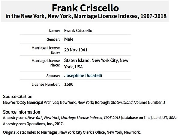 Frank Criscillo and Josephine Ducatelli Marriage Index