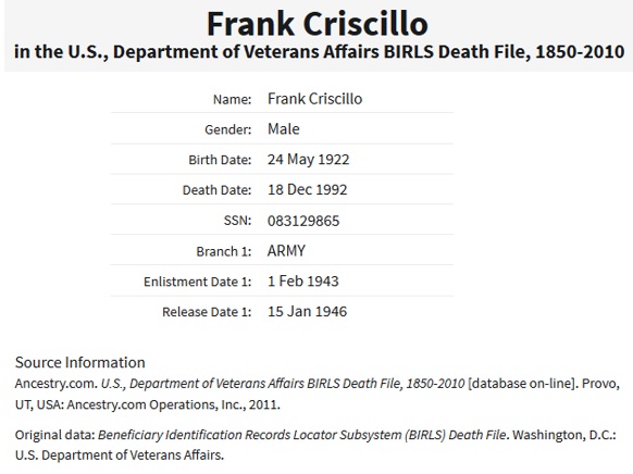 Frank Criscillo Military Record