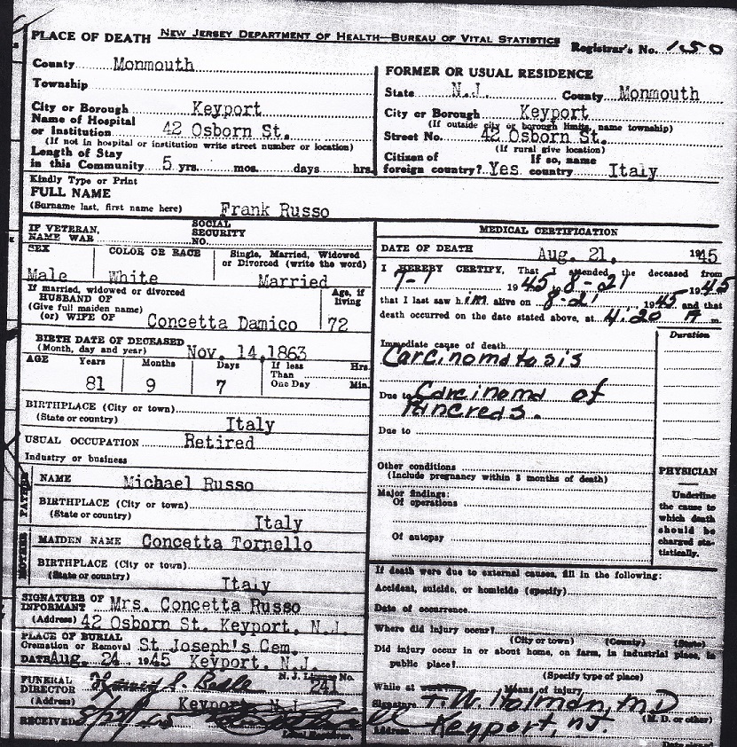 Francesco Russo Death Certificate