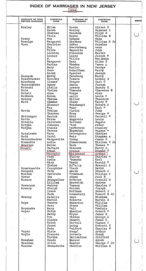 Arthur Whitehead and Georgia Mount Marriage Record