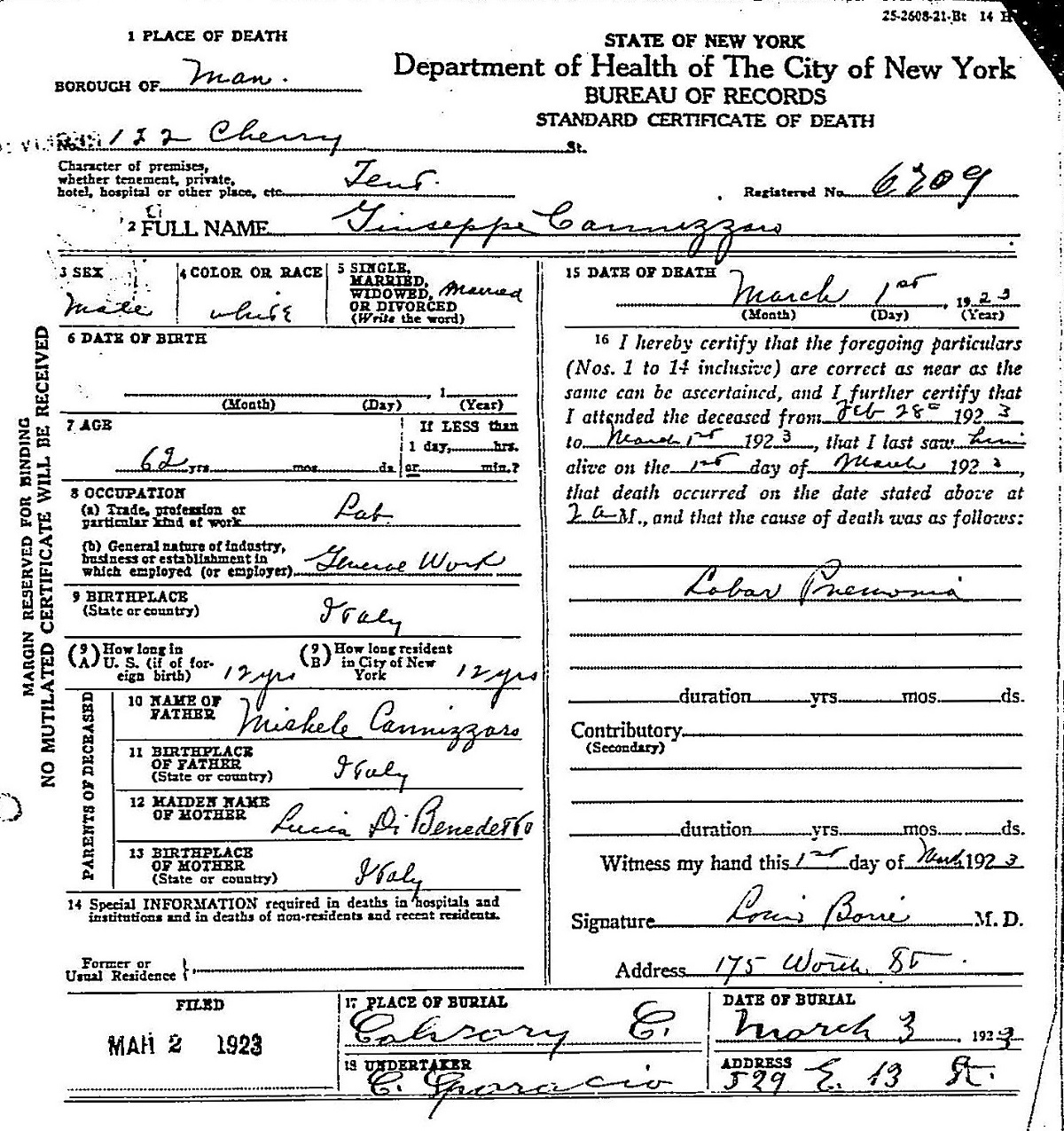 Giuseppe Cannizzaro Death Certificate