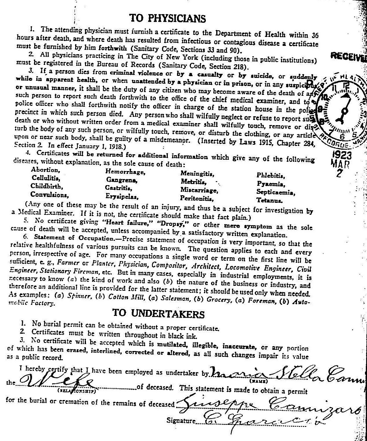 Giuseppe Cannizzaro Death Certificate