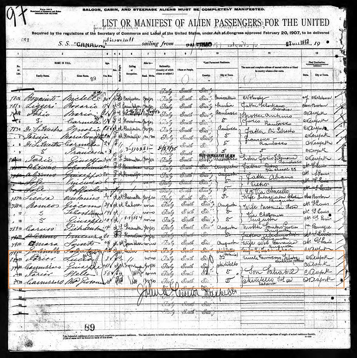 Giuseppe Cannizzaro Immigration Records