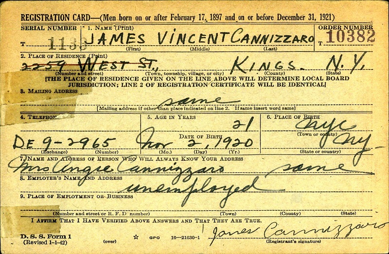 Vincent J. Cannizzaro WW2 Draft Registration