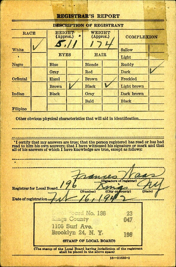 Vincent J. Cannizzaro WW2 Draft Registration