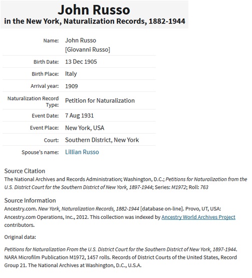 John Russo Immigration Records