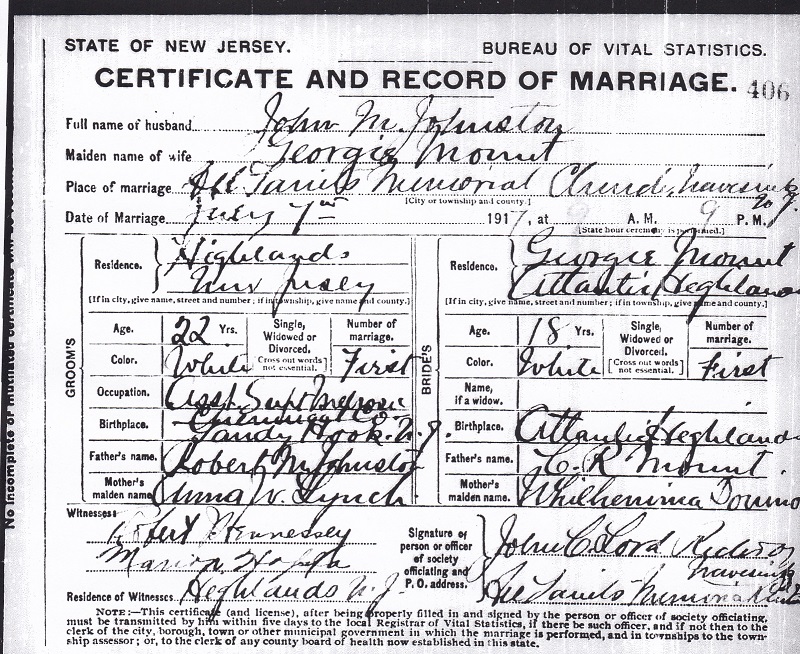 John M. Johnston and Georgia Mount Marriage Certificate