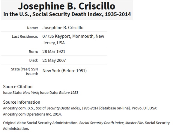 Josephine Ducatelli Criscillo SSDI