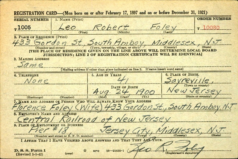 Leo Robert Foley WW2 Draft Registration