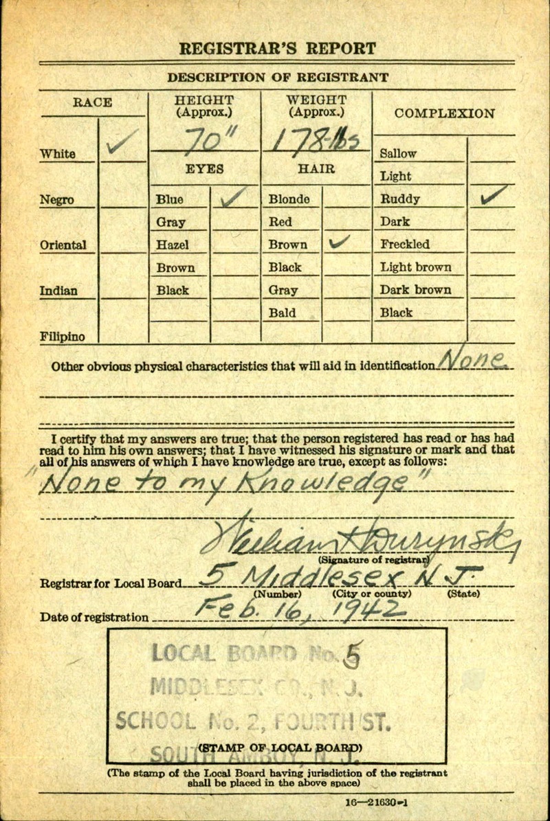 Leo Robert Foley WW2 Draft Registration