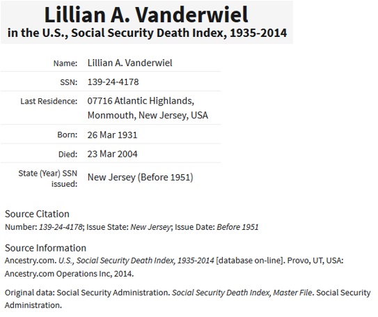 Lillian Cannizzaro Vanderwiel SSDI