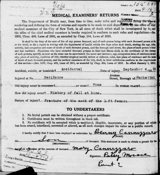 Maria Stella Parisi Cannizzaro Death Certificate