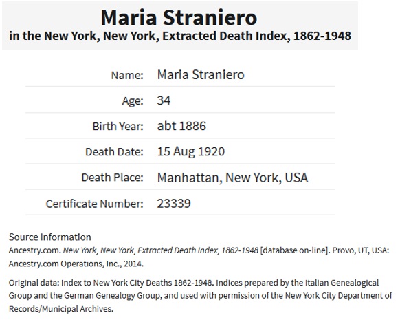 Maria DePasquale Straniero Death Index