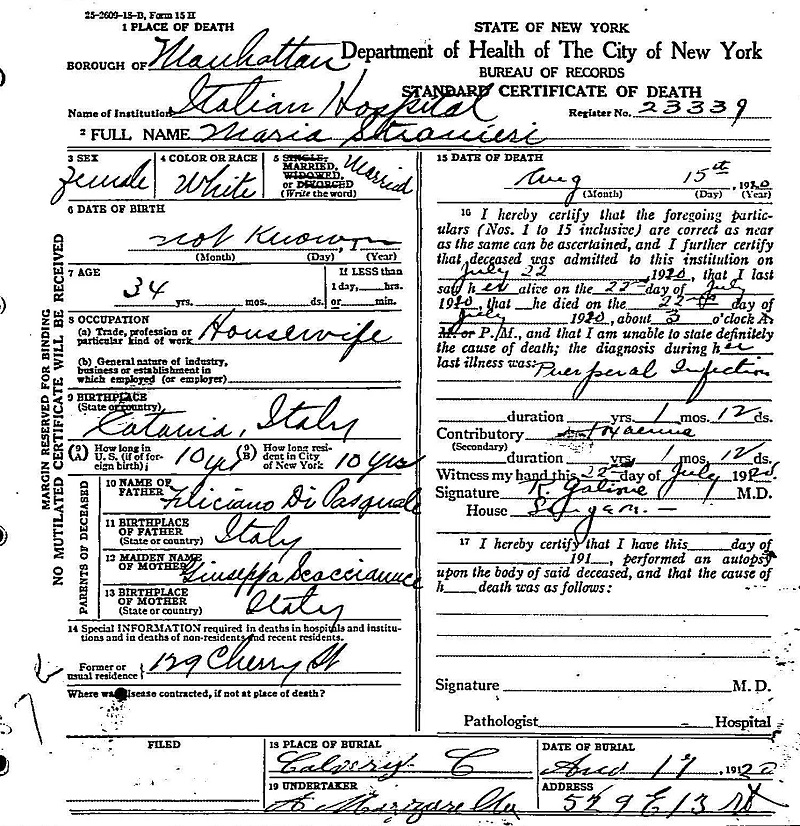 Maria DePasquale Straniero Death Certificate