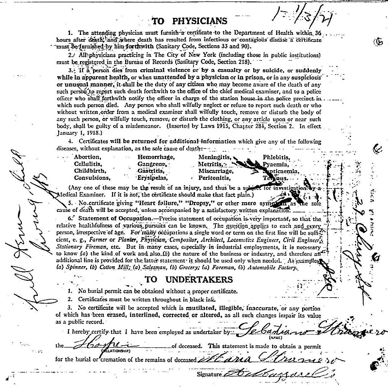 Maria DePasquale Straniero Death Certificate