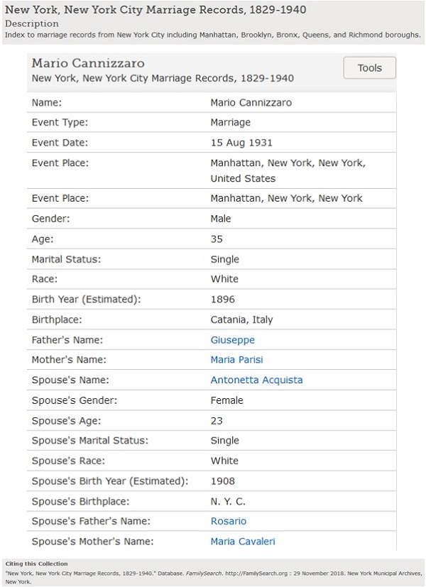 Mario Cannizzaro and Antoinette Acquista Marriage Index