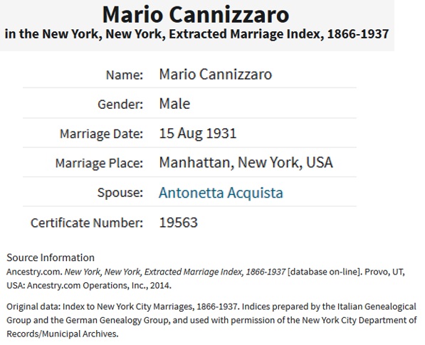 Mario Cannizzaro and Antoinette Acquista Marriage Index