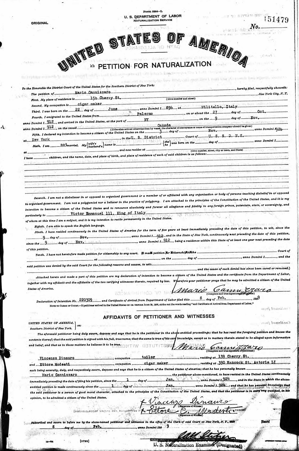 Mario Cannizzaro Immigration Record